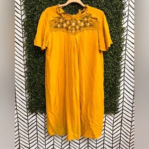 Blue Rain Mustard Yellow Dress with Floral Embroidery